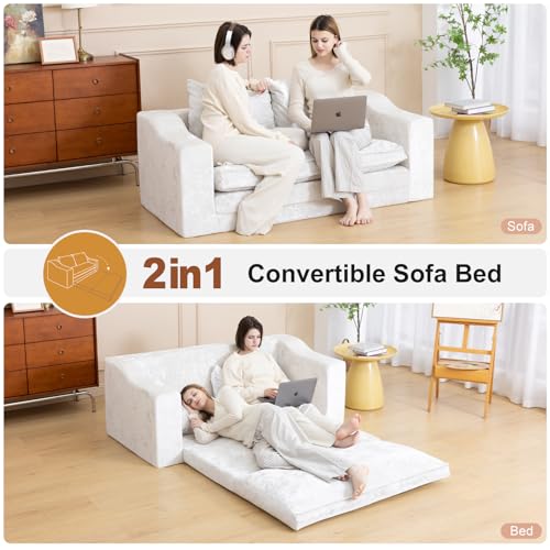 61" Boneless Loveseat Sleeper, Folding Sofa Bed, Diamond Velvet Cover,White | Memory Foam Pull Out Futon Bed with Removable Washable Cover, Space-Saving Fold Out Couch for Living Room & Guest Room - color: White