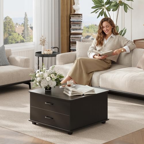 MALOL Square Storage Coffee Table with 2 Drawers, Hidden Storage Beneath Flip-Top Lid, Modern Fluted Wood Coffee Table with Solid Wood Legs for Living Room, Black - color: Black