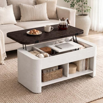 37.5" Lift Top Coffee Table with Storage, Farmhouse Coffee Table with Hidden Compartment & Open Shelf, Lifting Tabletop, for Living Room, Home Office - color: White-brown