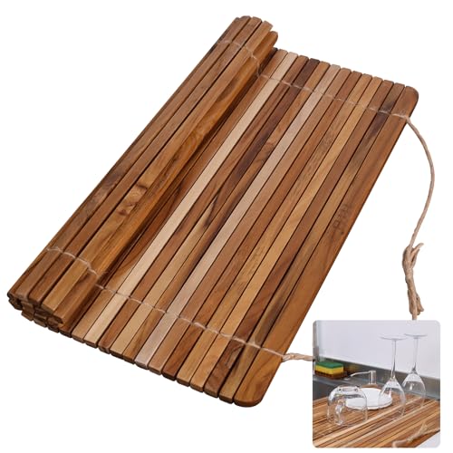 HTB Over Sink Dish Drying Rack 17.8'' x 16.1” Teak Wood | Roll Up Dish Drying Rack for Kitchen Counter,Space Saving,Collapsible Dish Drying Mat for Bowls,Vegetables,Fruits,Bottles