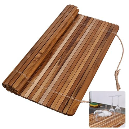 HTB Over Sink Dish Drying Rack 17.8'' x 16.1” Teak Wood | Roll Up Dish Drying Rack for Kitchen Counter,Space Saving,Collapsible Dish Drying Mat for Bowls,Vegetables,Fruits,Bottles
