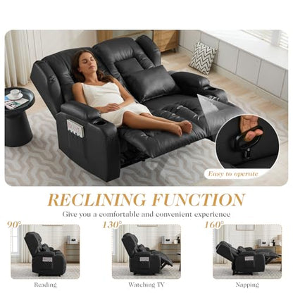 Loveseat Recliner Sofa,RV Wall Hugger Recliners for Small Spaces,Reclining Loveseat Sofa Recliner with Cup Holders/Lumbar Pillows,RV Furniture (Black, 56" 2-Seater) - color: Black, size: 56" 2-Seater
