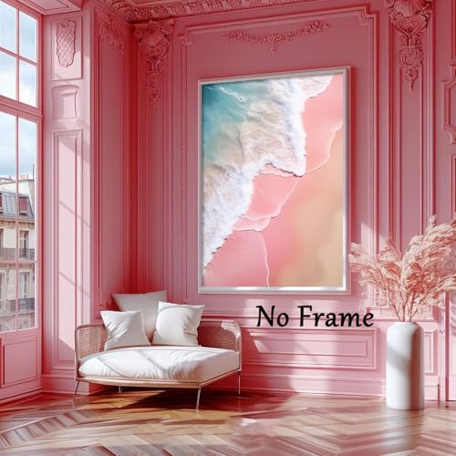 Pink Blue Beach Canvas Wall Art Coastal Themed Beach Landscape Painting Sea Coast Wall Art Pink Coastal Aesthetic Prints Ocean Pink Artwork Sea Preppy Pictures Ocean Waves Poster 16x24inch No Frame - color: A2Unframed