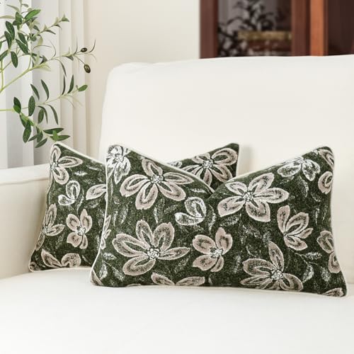 MATTINS 12x20 Vintage Floral Patterned Lumbar Pillow Covers, Olive Green 2PC - color: Olive Green, size: 20" x 12" (Pack of 2)