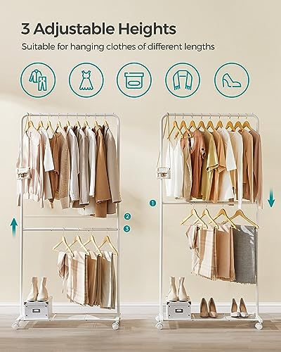 SONGMICS Clothes Rack with Wheels, Double-Rod Clothing Rack for Hanging Clothes, 25.4mm Metal Garment Rack with Dense Mesh Storage Shelf, 110 lb Load Capacity, 2 Brakes, White UHSR027W01 - color: White, style: Middle Rod