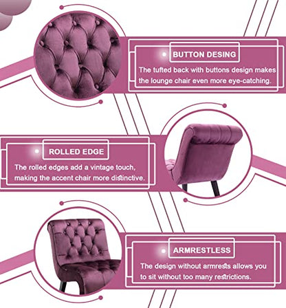Comfy Velvet Accent Chair, Tufted Armless Side Chair with Rolled Edge | Modern Small Lounger for Living Room, Upholstered Reading Chaise Lounge with Solid Rubber Wood Legs, Purple - color: Purple, size: Set of 1