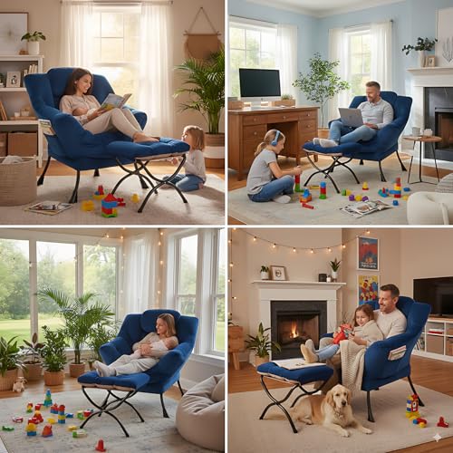 Lazy Chair with Ottoman, Comfy Accent Reading Chair, Velvet RoyalBlue | Foldable Footrest,Removable Cover,with Armrests and Side Pockets,Upholstered Lounge Chair for Bedroom,Dorm,Office,Small Space - color: Velvet Royalblue