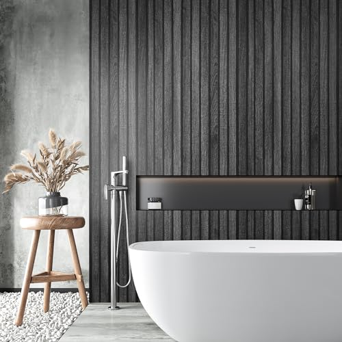 VEELIKE Charcoal Black Wood Slat Peel and Stick Wallpaper 24''x118'' Modern Wood Panel Look Contact Paper Waterproof Self Adhesive Slat Vinyl Wall Covering for Living Room Bedroom Office Accent Walls - color: Charcoal Black, size: 24" x 118"