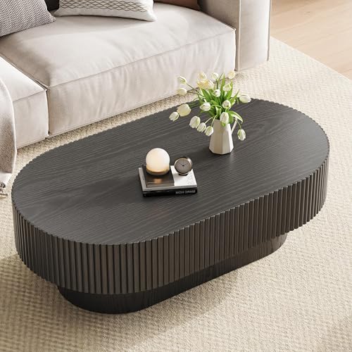 YOUDENOVA 43.7” Oval Coffee Table, Modern Wood Fluted Coffee Table for Living Room, Veneer Handcrafted Relief Center Table with Sturdy Pedestal，Easy Assembly - Black - color: 43.7" Black-oval