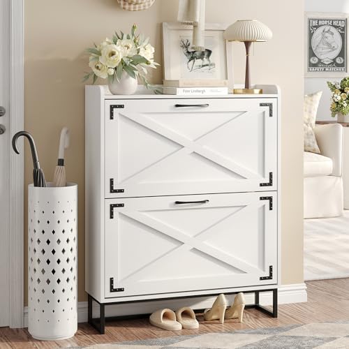 Maupvit Shoe Storage Cabinet with 2 Flip Drawers, Freestanding Organizer with Metal Legs for Entryway, Narrow Shoe Rack Cabinet, Black White - color: Black White, style: 2-Drawers