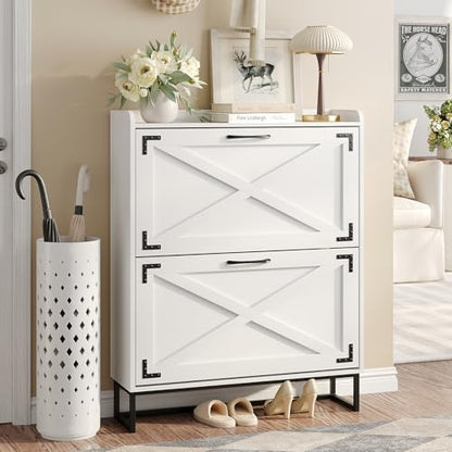 Maupvit Shoe Storage Cabinet with 2 Flip Drawers, Freestanding Organizer with Metal Legs for Entryway, Narrow Shoe Rack Cabinet, Black White - color: Black White, style: 2-Drawers