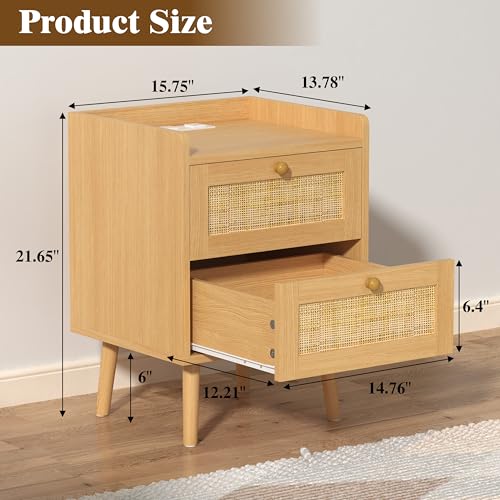 Ratten Small Nightstand Set of 2 with Charging Station, for Bedroom, Sofa | Boho wood nightstand set of 2 with drawers, solid wood legs, waterproof top, anti-drop edge, farmhouse style, Living Room