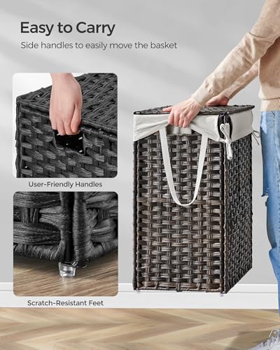 SONGMICS Laundry Hamper with Lid, 23.8 Gallon (90 L) Synthetic Rattan Clothes Laundry Basket with Lid and Handles, Foldable, Removable Liner, Chestnut Brown ULCB051K02 - color: Chestnut Brown, size: 90 L