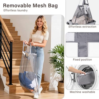 Laundry Hamper with Lid and Foot Pedal, 100L Fabric Laundry Basket with Removable Mesh Bag, Slim Foldable Design for Bathroom and Laundry Room (Gery)