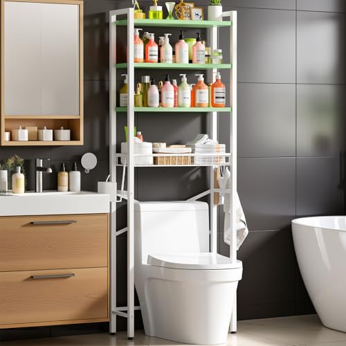 Kalrin Over-The-Toilet Storage Rack, 4-Tier Bathroom Organizer Shelf Over Toilet with Adjustable Shelf and Basket, Freestanding Space Saver Bathroom Shelves Above Toilet for Room (Avocado Green) - color: Whit- Green