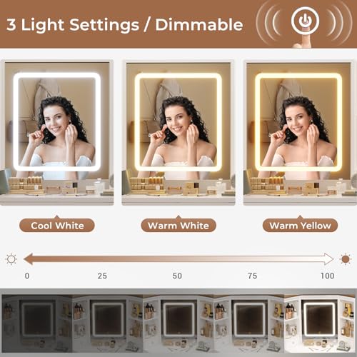 HAUOMS Corner Vanity Desk with LED Lighted Mirror, Storage Bench, White | Rotating Cabinet with 6 Shelves, 2 Drawers & Power Outlet, 3 Light Settings, for Women Girls Space Saving - style: Creamy White
