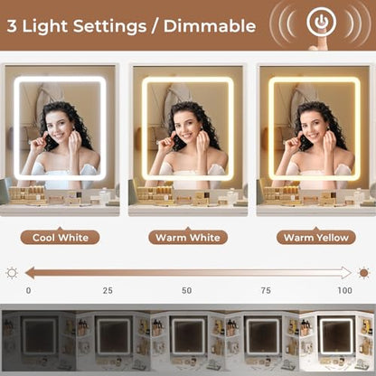 HAUOMS Corner Vanity Desk with LED Lighted Mirror, Storage Bench, White | Rotating Cabinet with 6 Shelves, 2 Drawers & Power Outlet, 3 Light Settings, for Women Girls Space Saving - style: Creamy White