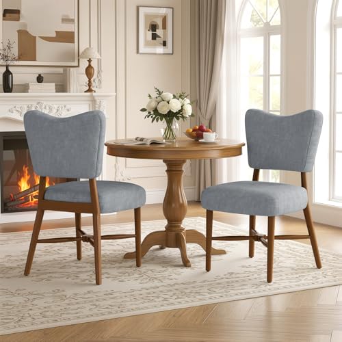 Farmhouse Dining Chairs Set of 2, Linen Seat, Wood Legs, Gray | Mid Century Modern, Upholstered Padded Cushion, Solid Wood Cross-Brace, Easy 15-Min Assembly, Kitchen Dining Room - color: Grey, size: Set of 2