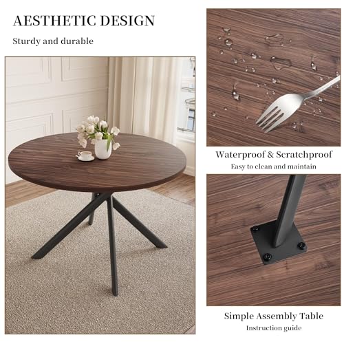 HIPIHOM 45.3 Inch Round Dining Table Set for 4, Mid Century Modern MDF Coffee Set for Dining Room Kitchen Apartment (Dark Walnut Table + 4 U-Shaped Black Chairs) - color: Walnut Table+4 Black Chairs U-shaped