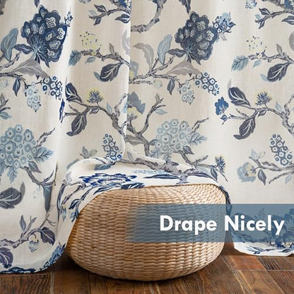 DriftAway Ada Floral Botanical Print Flower Leaf Lined Thermal Insulated Room Darkening Linen Blend 100% Blackout Back Tab Window Curtains 2 Layers Set of 2 Panels Each 52 Inch by 84 Inch Navy - color: Navy-back Tab, size: 52"W x 84"L (Pack of 2)