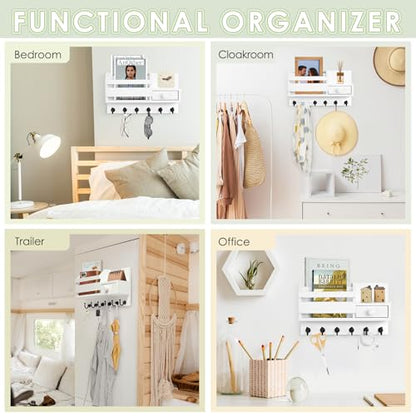 VIS'V Key Holder Wall Mount, Wooden Mail and Key Organizer, White | Contains Little Drawer, Small Shelf, 2 Slots, 6 Hooks, for Entryway, Hallway, Doorway, Kitchen, Garage, RV - color: White