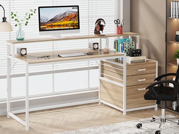 Tribesigns 63 Inch Computer Desk with File Drawer Cabinet, Home Office Desk | Ergonomic Office Desk with Monitor Stand, Industrial Computer Table with Printer Space, PC Table Workstation Desk - color: Walnut