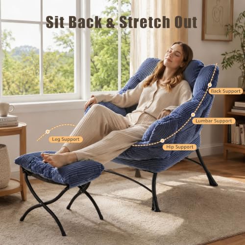 Lazy Chair with Ottoman, Modern Skinny Lounge Chair with Footrest | Foldable Footrest, Padded Seat & Backrest, Side Pocket Comfy Accent Reading Chair for Living Room & Small Spaces, Navy Blue - color: Navy Blue