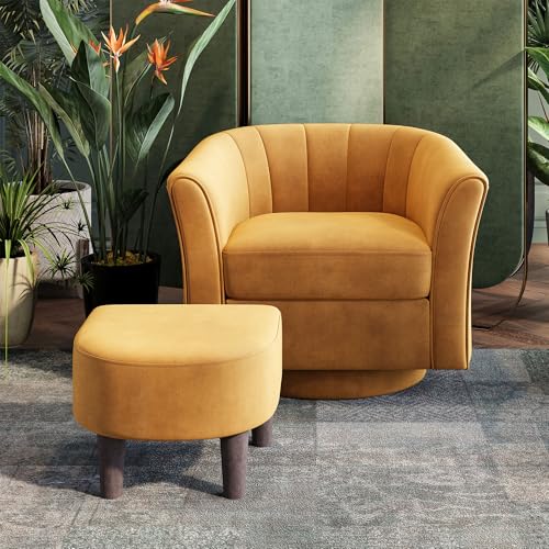 LINSY Large Swivel Accent Chair with Ottoman, Velvet Barrel Chair with Footrest, Modern Upholstered Comfy Reading Chair Armchair for Living Room, Bedroom, Study Room, Office, Yellow - color: Yellow, size: Large