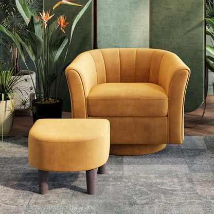 LINSY Large Swivel Accent Chair with Ottoman, Velvet Barrel Chair with Footrest, Modern Upholstered Comfy Reading Chair Armchair for Living Room, Bedroom, Study Room, Office, Yellow - color: Yellow, size: Large