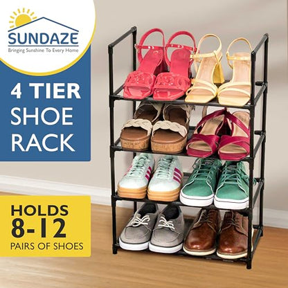 Sundaze Shoe Rack - 4 Tier Shoe Rack for Closet, Sturdy Stackable Shoe Organizer for Closet, Bedroom, Entryway, Garage, Non Woven Fabric Shelf, Black, Holds 8-12 Pairs - size: 4 Tier (18.3" W)