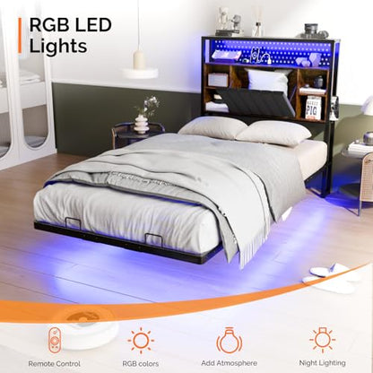 VINGLI Floating Bed Frame Twin Bed with Charging Station and LED Lights,Twin Metal Bed Frame,Cozy Hidden Storage Velvet Upholstered Headboard,No Box Spring Needed,Easy Assembly,Black - color: Industrial Brown, size: Twin