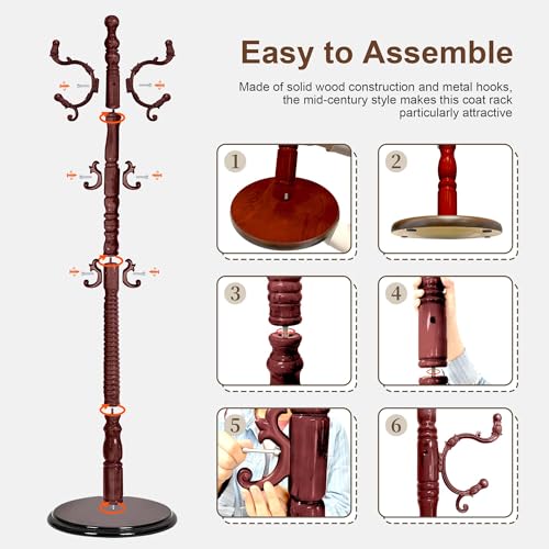 Wooden Coat Rack Freestanding with 18 Hooks, Adjustable Height Coat Tree Free Standing Heavy Duty for Entryway, Easy Assembly Solid Wood Sturdy Coat Hats Hanger Stand for Office Hallway Bedroom - color: Redwood-Resin Hook