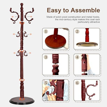 Wooden Coat Rack Freestanding with 18 Hooks, Adjustable Height Coat Tree Free Standing Heavy Duty for Entryway, Easy Assembly Solid Wood Sturdy Coat Hats Hanger Stand for Office Hallway Bedroom - color: Redwood-Resin Hook