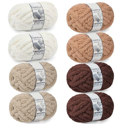 Cozyful Chunky Yarn for Hand Knitting - #10 Chunky Chenille Yarn, Jumbo Big Thick Chunky Yarns for Crocheting, Super Bulky Chunky Knit Blanket Yarns, 8 Skein (22yd, 8oz/Skein), Cream & Multi Coffee - color: Cream & Khaki & Light Coffee & Dark Coffee