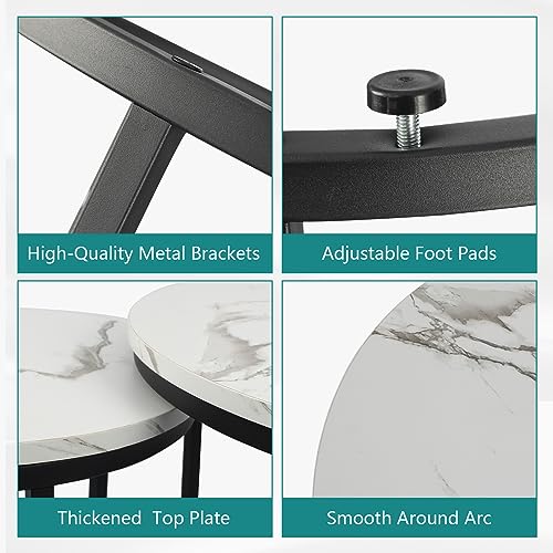 Smuxee White Nesting Coffee Table Set of 2, 23.6" Round Coffee Table Wood Grain Top with Adjustable Non-Slip Feet, Industrial End Table Side Tables for Living Room Bedroom Balcony Yard - color: White-black, size: 23.6"W