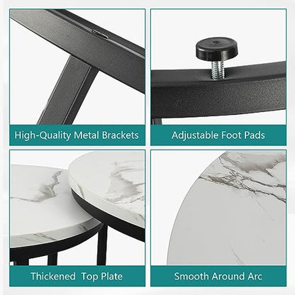 Smuxee White Nesting Coffee Table Set of 2, 23.6" Round Coffee Table Wood Grain Top with Adjustable Non-Slip Feet, Industrial End Table Side Tables for Living Room Bedroom Balcony Yard - color: White-black, size: 23.6"W