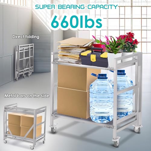 2 Shelf Rolling Cart with Wheels, 660lbs Capacity Collapsible Steel Rolling Utility Cart, Heavy-Duty Foldable Hand Truck, Metal Storage Carts with Handle for Groceries, Warehouse (36" Lx26 W) - color: Net