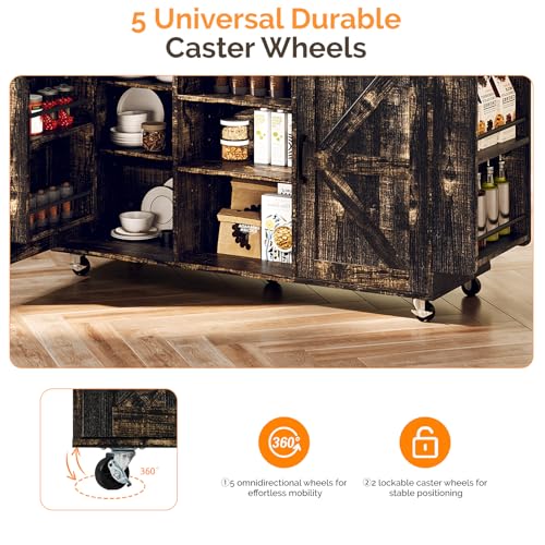 VINGLI 52" W Kitchen Island with Storage and Drop Leaf, Black & Gold | Farmhouse Rolling Cart with 3 Drawers, 2 Barn Doors, Adjustable Shelves, Side Rack and Locking Wheels - color: Black & Gold