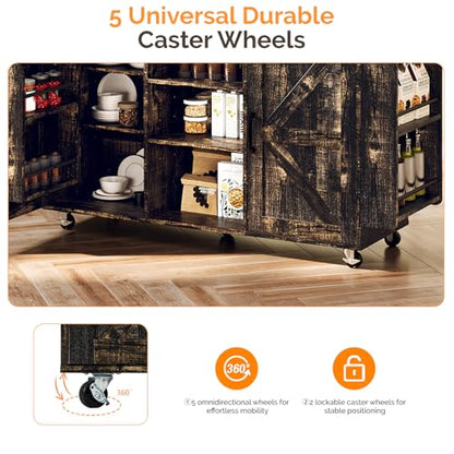 VINGLI 52" W Kitchen Island with Storage and Drop Leaf, Black & Gold | Farmhouse Rolling Cart with 3 Drawers, 2 Barn Doors, Adjustable Shelves, Side Rack and Locking Wheels - color: Black & Gold