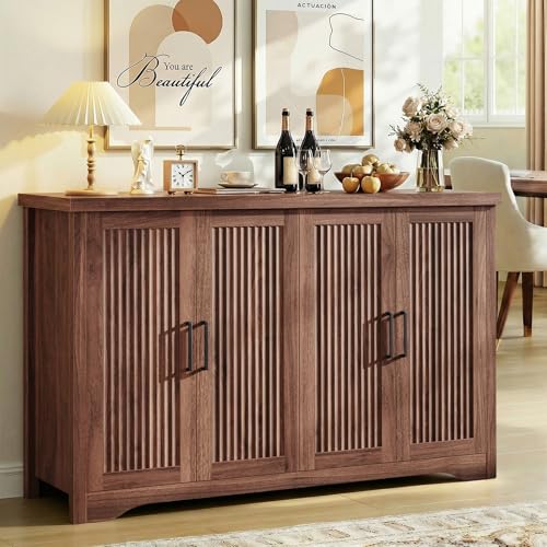 Fluted Sideboard Buffet Cabinet with Storage 55.59",Walnut | Sideboard Cabinet Modern Credenza with Doors & Adjustable Shelves Modular Coffee Bar Media Console for Dining Room Entryway - color: Walnut, size: 1 Piece