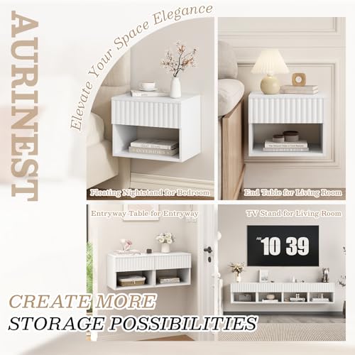 Floating Nightstand Set of 2, Modern Wall Mounted Bedside Tables with Fluted Drawer, Night Stand Small End Table with Open Storage Shelf for Bedroom, Living Room, Small Spaces, White