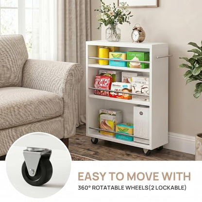ALBAD Slim Rolling Cart,4-Tier Storage Cart with Wheels,7.9”W Slim Storage Cart with Handle for Kitchen Laundry Narrow Places Bathroom Dining Room Small Spaces | 4 adjustable MDF shelves (20 lbs each), 360° casters + side handle, Fits kitchen, laundry, ba
