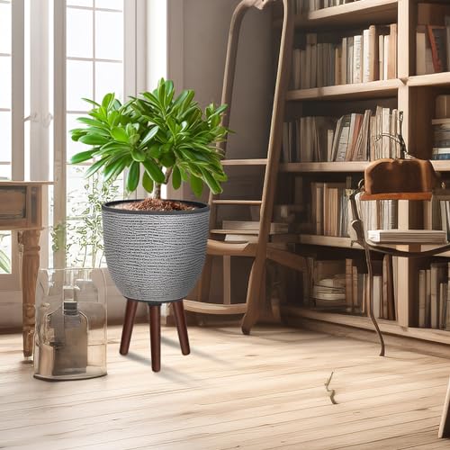 12 Inches Large Decorative Plant Pot with Stand | Standing Planters with Drainage Holes for Indoor Plants, Modern Gray Flower Pots with Legs - color: Gray, size: 12 Inches