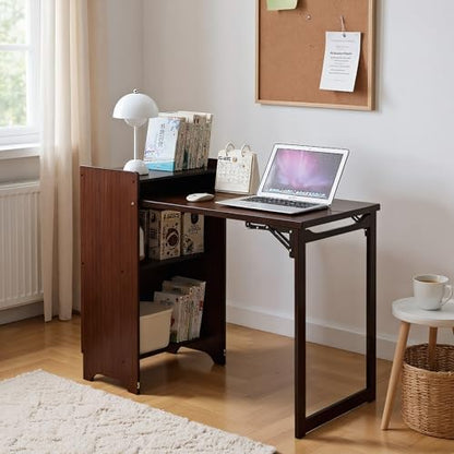 Bamboo Fold Out Desk with Storage, Mid Century Hideaway Desk for Small Spaces, Folding Computer Desk for Home Office Bedroom Apartment, Space Saving - color: Walnut