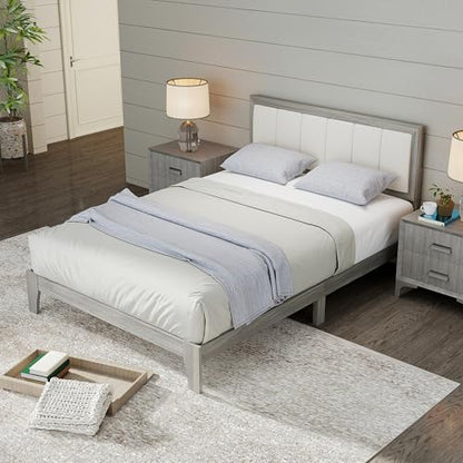 HOMCOM Full Size Bed Frame, Upholstered Headboard, Wooden Slats, Gray | Platform Bed Frame, No Box Spring Needed, Easy Assembly - size: Full
