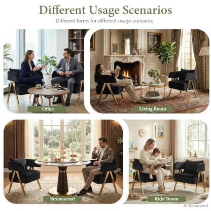 Modern Black Gold Velvet Accent Chairs Set 2, Barrel Armchairs Living Room | STHOUYN Comfy Reading Chairs, Living Room and Bedroom Seating, Curved Barrel Design, Gold-Tone Legs, Wide Seat, Small Space - color: Black