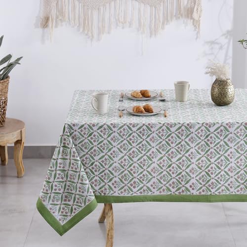 Labhanshi Block Print Cotton Tablecloth, Green/Pink, 72x108 in, 8-Seater - color: Green Pink, size: 108" x 72" (Rectangular)