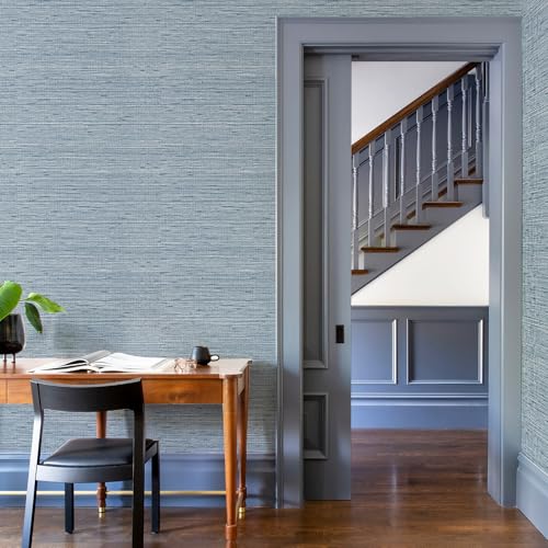 HueBurst Grasscloth Peel and Stick Wallpaper 17.3" x 197" Blue Textured Grasscloth Wall Paper Renter Friendly Wallpaper Self Adhesive Removable for Bathroom Bedroom - color: Blue, size: 17.3" x 197"