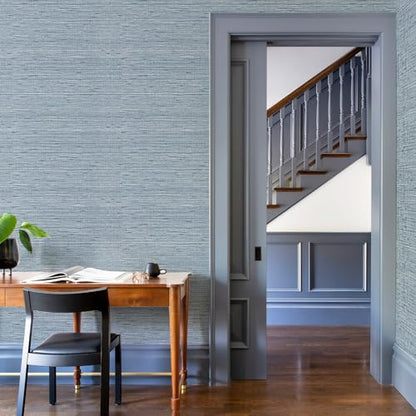 HueBurst Grasscloth Peel and Stick Wallpaper 17.3" x 197" Blue Textured Grasscloth Wall Paper Renter Friendly Wallpaper Self Adhesive Removable for Bathroom Bedroom - color: Blue, size: 17.3" x 197"