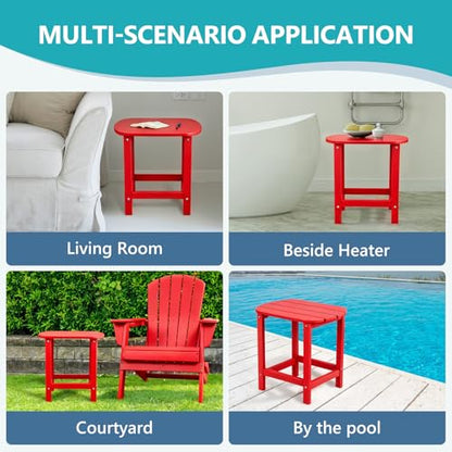 Hdpe Outdoor Adirondack Side Table, Wooden Textured, Red | Bathroom and Indoor, Maintenance & Weather Resistant, End TableSet for Patio, Garden, Backyard, 18.6×14.17×18.18 in - color: Red